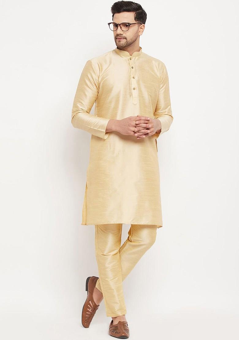 Gold Solid Poly Blend Kurta Set For Men