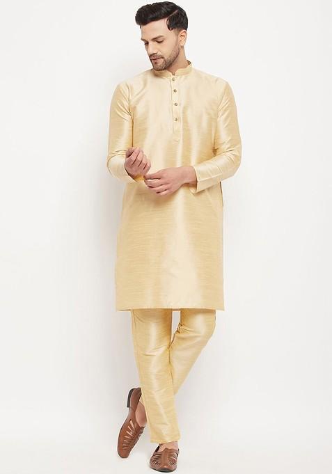 Gold Solid Poly Blend Kurta Set For Men