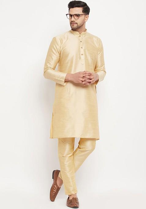 Gold Solid Poly Blend Kurta Set For Men