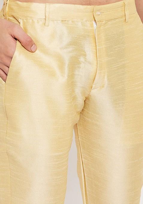 Gold Solid Poly Blend Kurta Set For Men