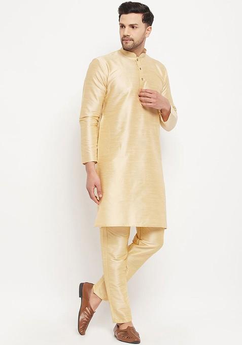 Gold Solid Poly Blend Kurta Set For Men