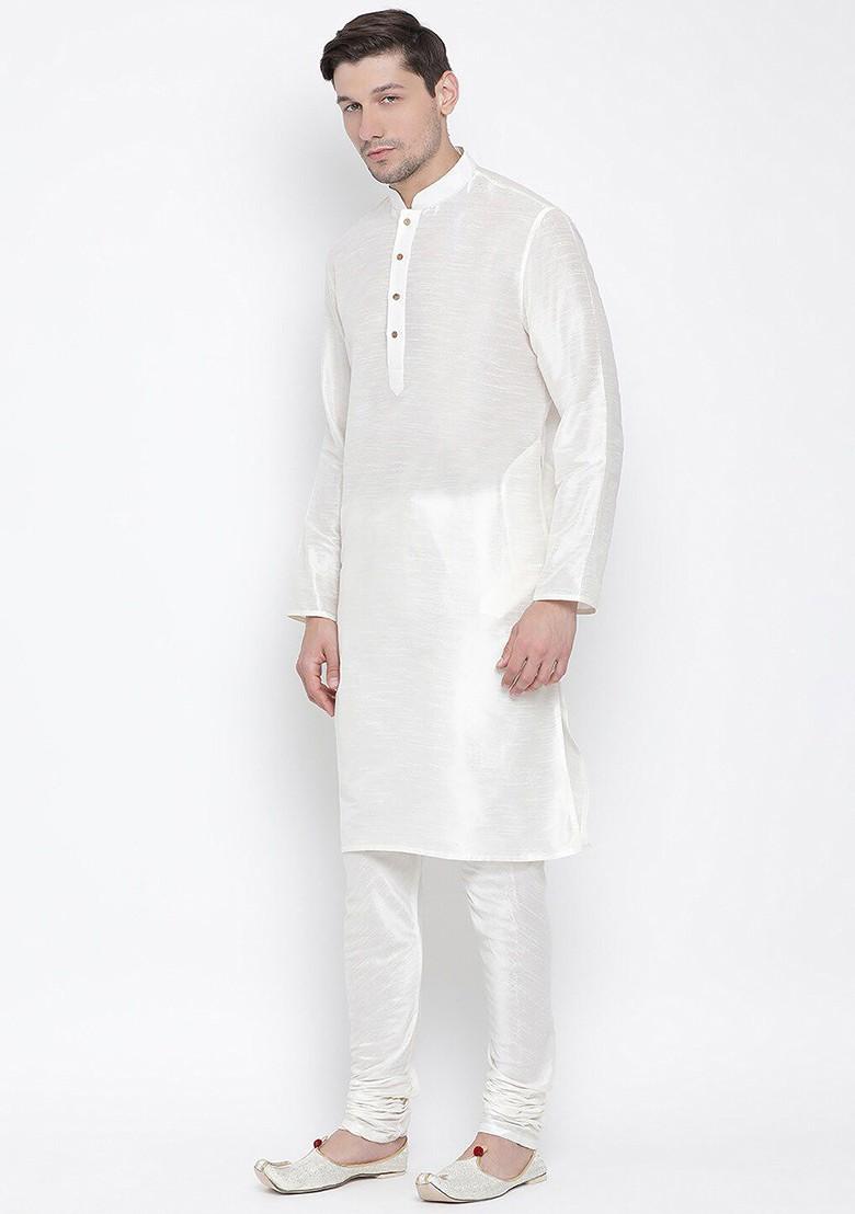 White Solid Poly Blend Kurta Set For Men