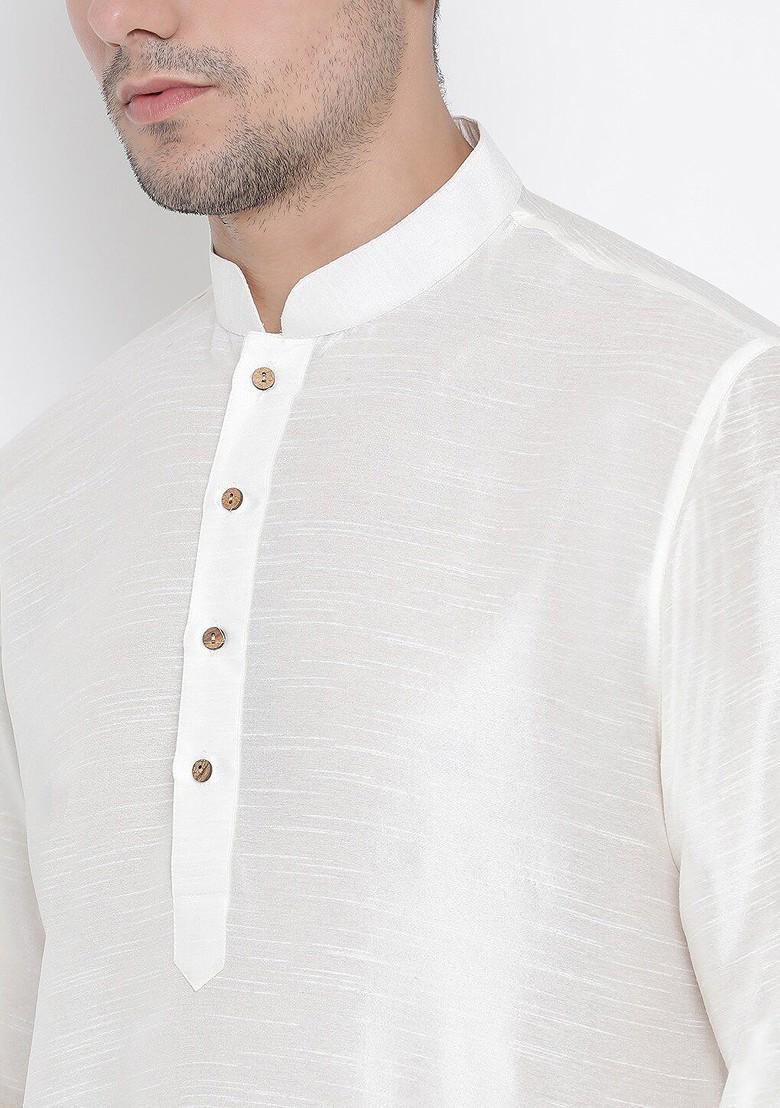 White Solid Poly Blend Kurta Set For Men