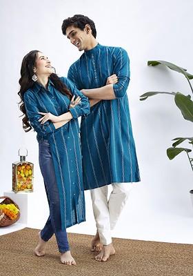 Blue Ethnic Motifs Cotton Kurta Set For Men