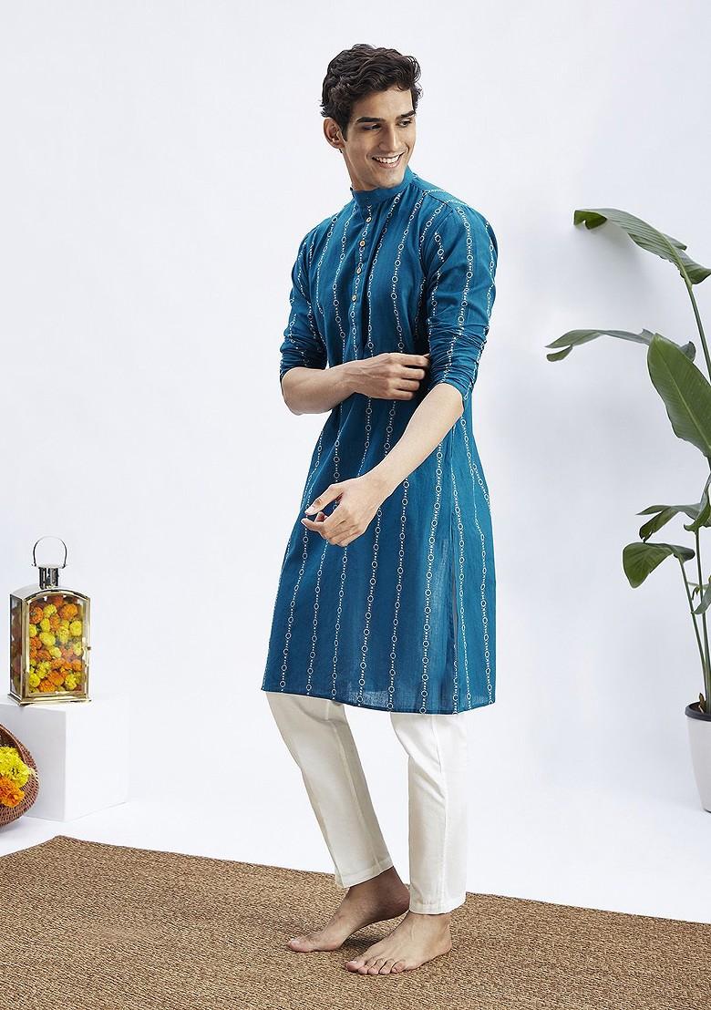 Blue Ethnic Motifs Cotton Kurta Set For Men