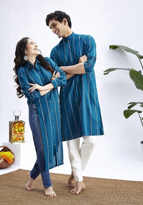 Blue Ethnic Motifs Cotton Kurta Set For Men