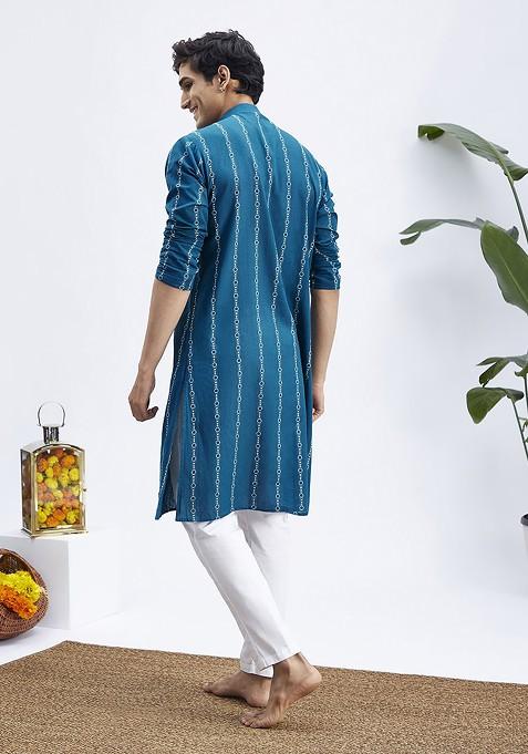 Blue Ethnic Motifs Cotton Kurta Set For Men