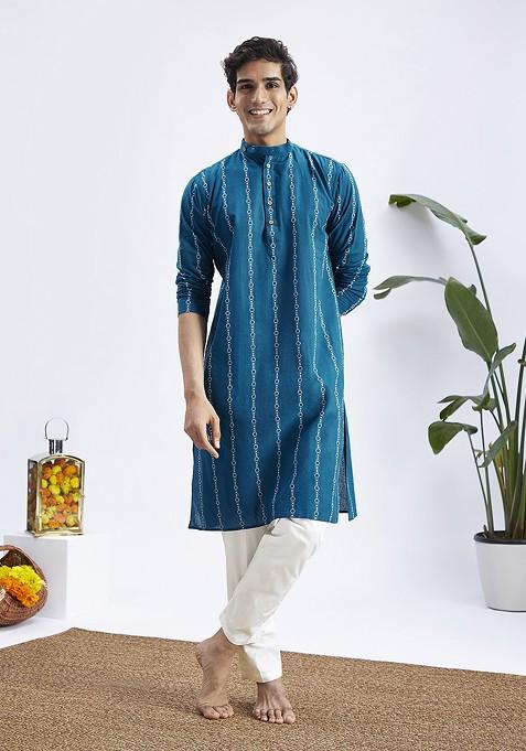 Blue Ethnic Motifs Cotton Kurta Set For Men