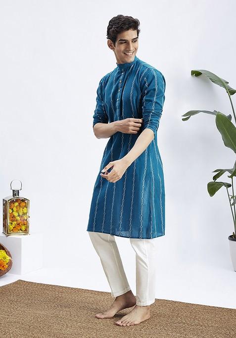 Blue Ethnic Motifs Cotton Kurta Set For Men