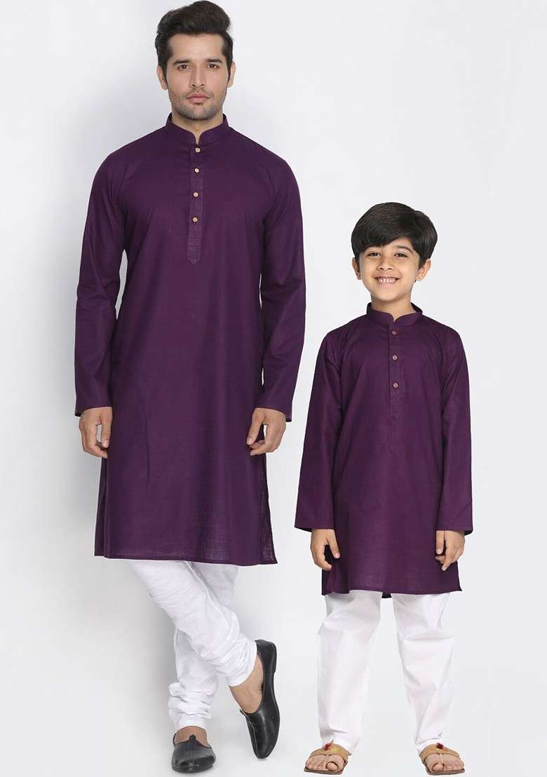 Purple Solid Cotton Kurta Set For Men - Indya