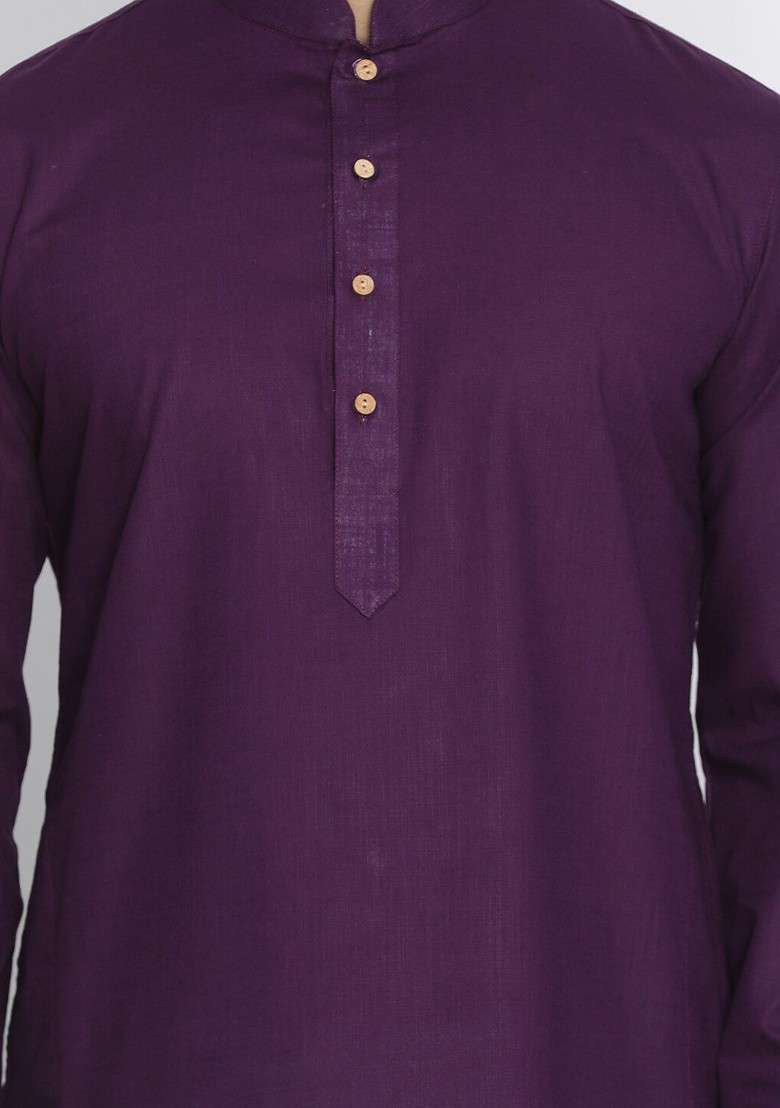 Purple Solid Cotton Kurta Set For Men - Indya