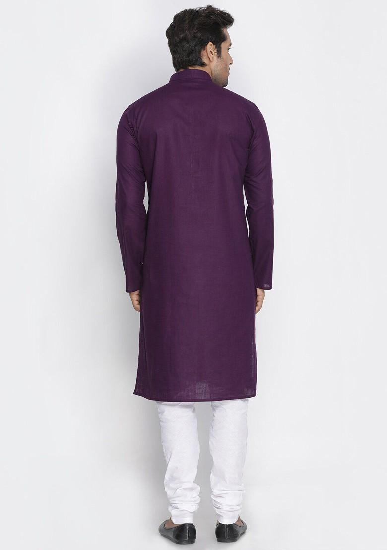 Purple Solid Cotton Kurta Set For Men