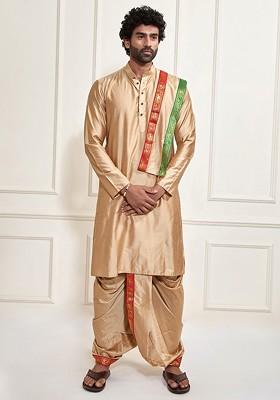 Beige Solid Poly Blend Kurta Set For Men