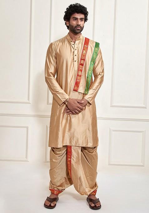Beige Solid Poly Blend Kurta Set For Men — view on Indya