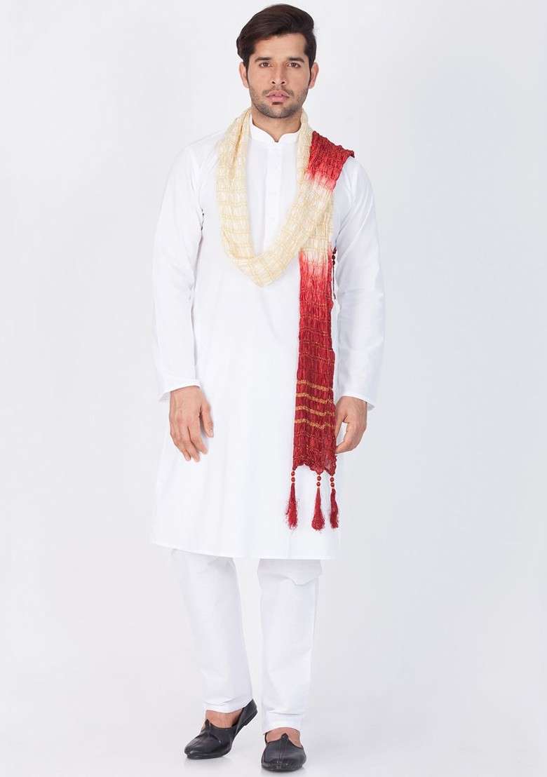 White Solid Cotton Kurta Set For Men - Indya