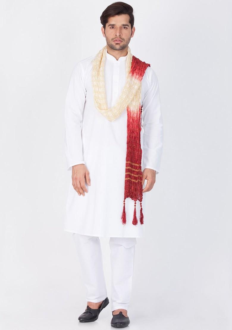 White Solid Cotton Kurta Set For Men
