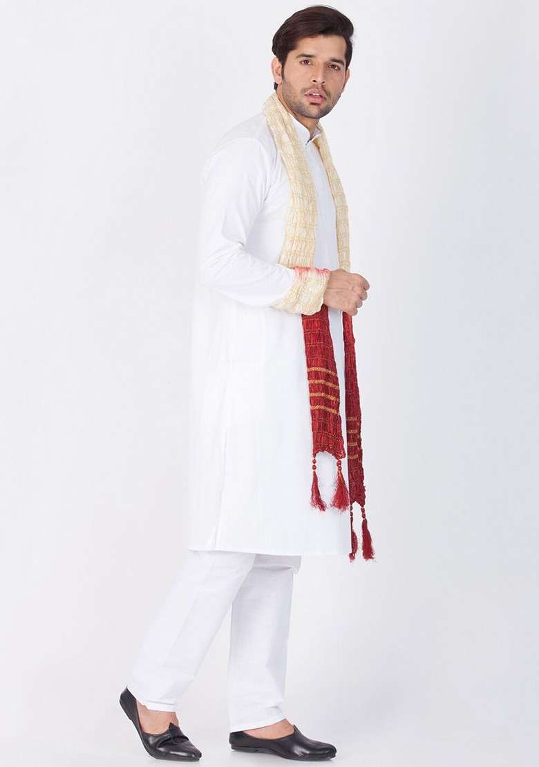 White Solid Cotton Kurta Set For Men - Indya