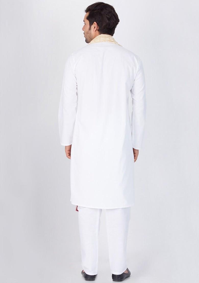 White Solid Cotton Kurta Set For Men