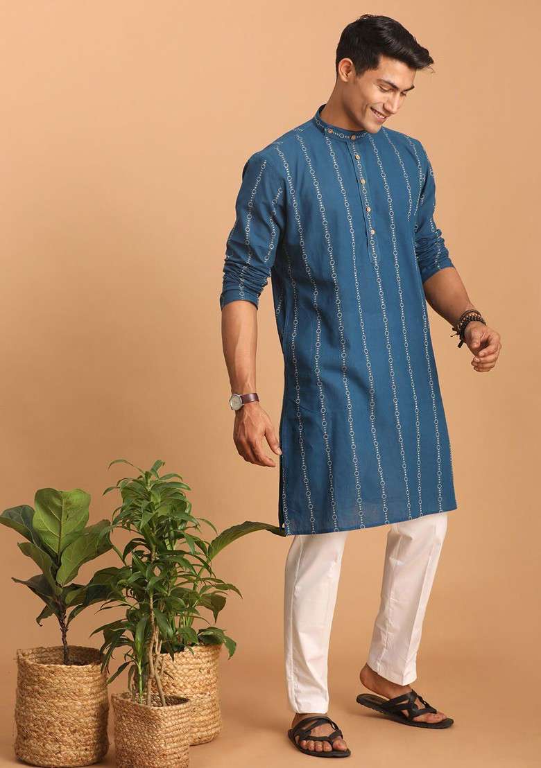 Blue Woven Cotton Kurta Set For Men - Indya