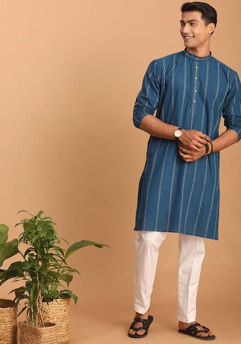 Blue Woven Cotton Kurta Set For Men — view on Indya