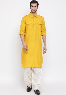 Yellow Solid Pathani Kurta Set For Men
