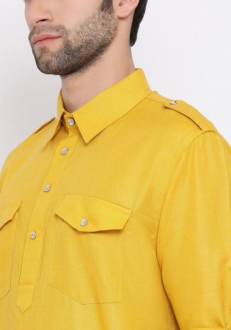 Yellow Solid Pathani Kurta Set For Men