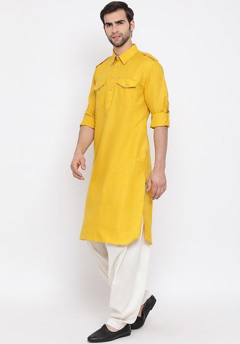Yellow Solid Pathani Kurta Set For Men