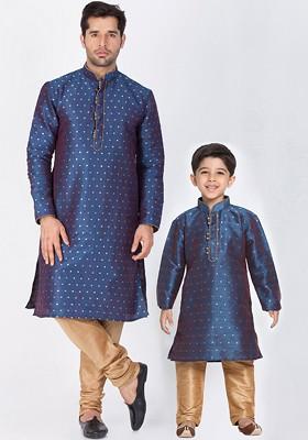 Blue Solid Poly Blend Kurta Set For Men
