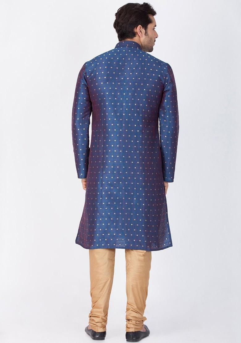 Blue Solid Poly Blend Kurta Set For Men
