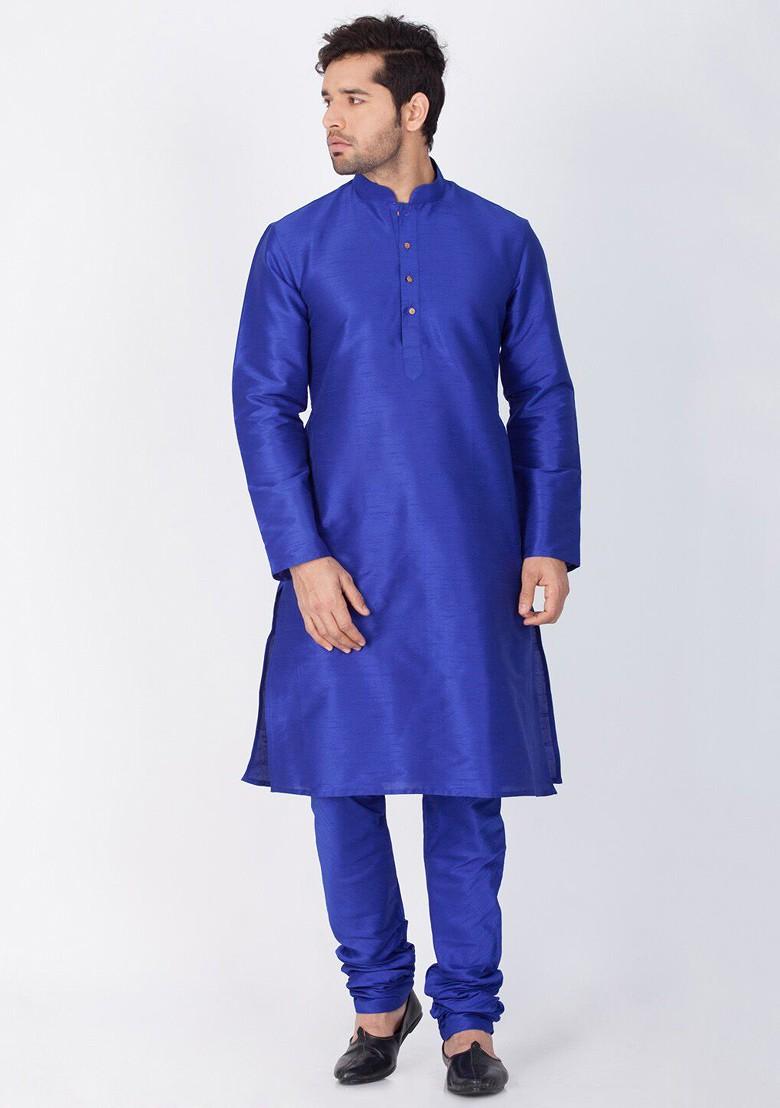 Blue Solid Poly Blend Kurta Set For Men