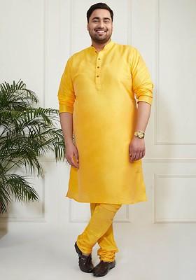 Yellow Solid Poly Blend Kurta Set For Men