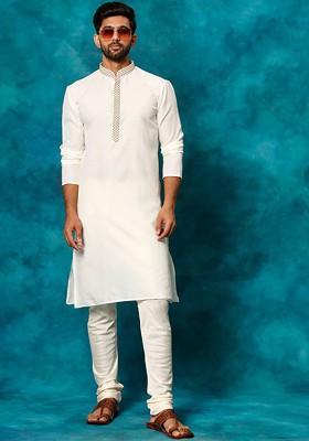 Cream Geometric Print Poly Blend Kurta Set For Men