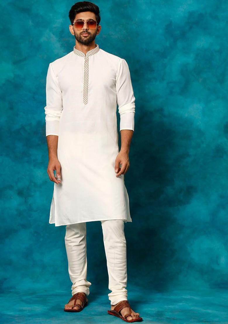 Cream Geometric Print Poly Blend Kurta Set For Men
