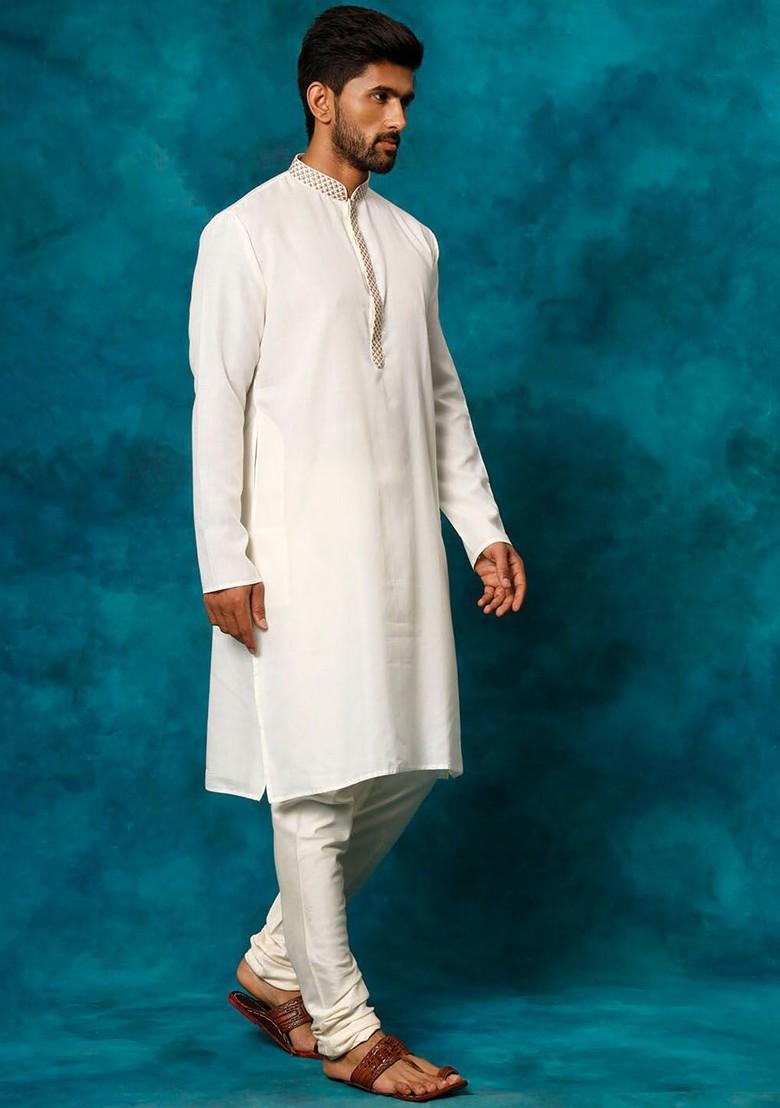 Cream Geometric Print Poly Blend Kurta Set For Men