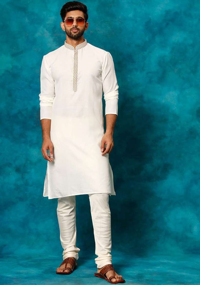 Cream Geometric Print Poly Blend Kurta Set For Men - Indya