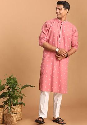 Pink Woven Cotton Kurta Set For Men