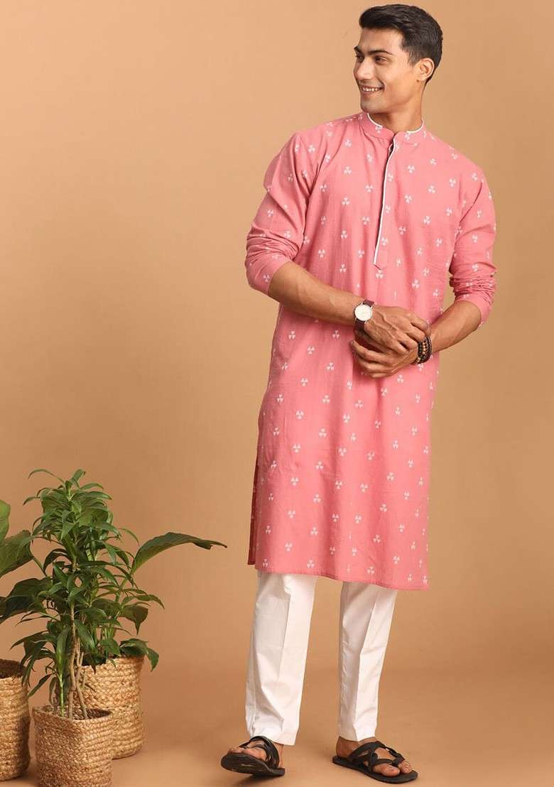 Pink Woven Cotton Kurta Set For Men - Indya