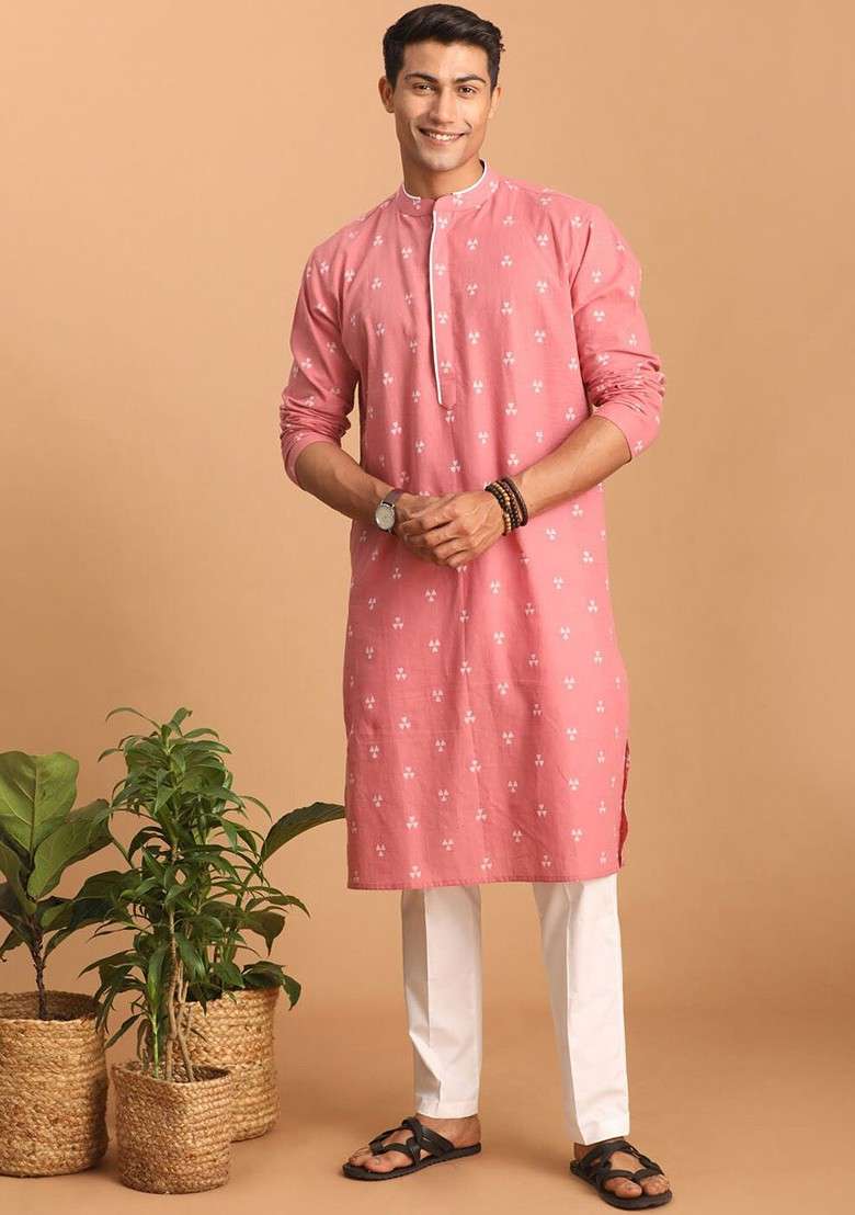 Pink Woven Cotton Kurta Set For Men - Indya