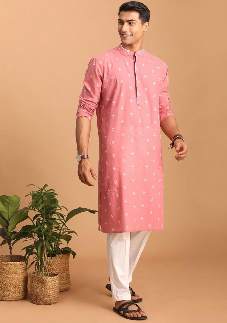 Pink Woven Cotton Kurta Set For Men