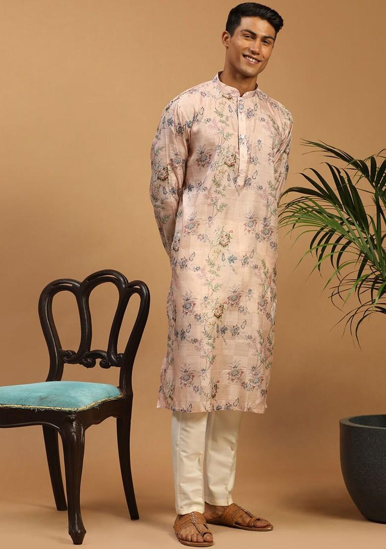 Pink Floral Print Poly Blend Kurta Set For Men