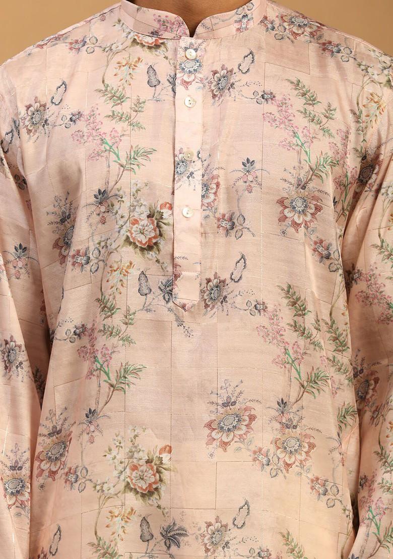 Pink Floral Print Poly Blend Kurta Set For Men