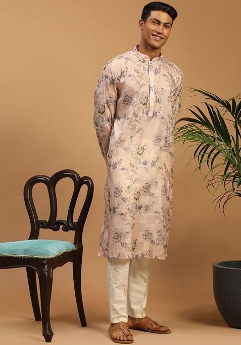 Pink Floral Print Poly Blend Kurta Set For Men