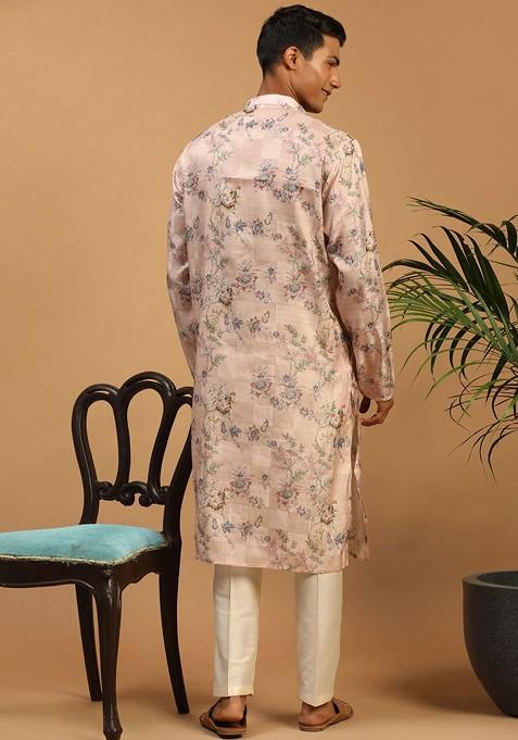 Pink Floral Print Poly Blend Kurta Set For Men