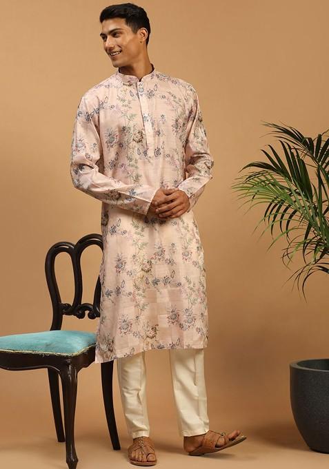 Pink Floral Print Poly Blend Kurta Set For Men