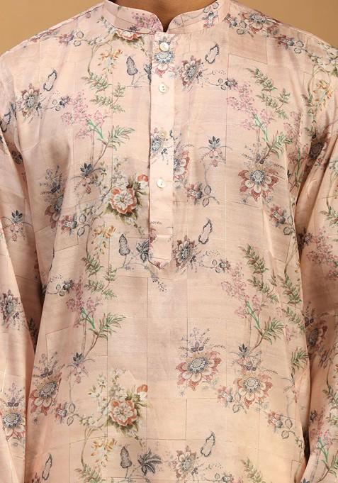 Pink Floral Print Poly Blend Kurta Set For Men