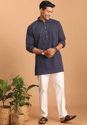 Navy Blue Striped Cotton Kurta Set For Men