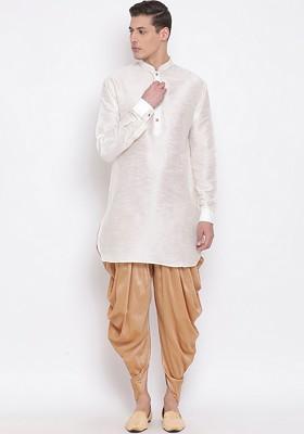 Cream Solid Poly Blend Kurta Set For Men