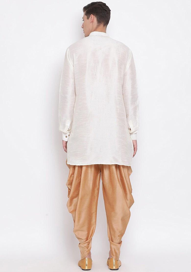 Cream Solid Poly Blend Kurta Set For Men