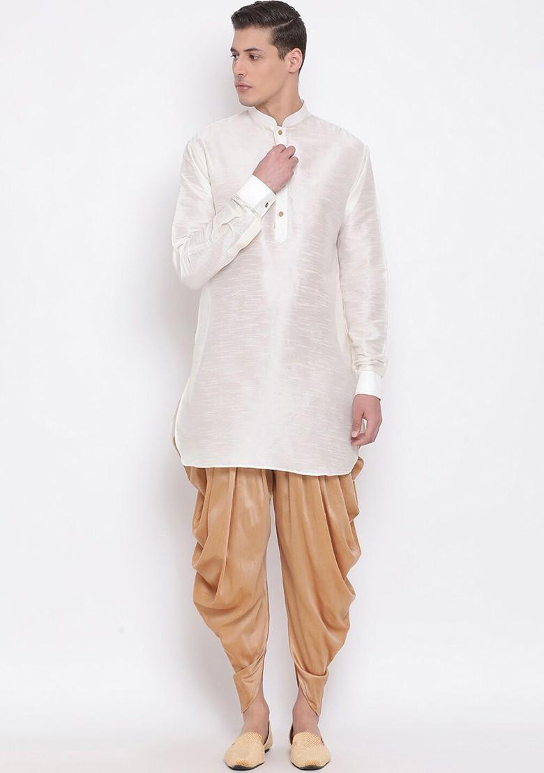 Cream Solid Poly Blend Kurta Set For Men
