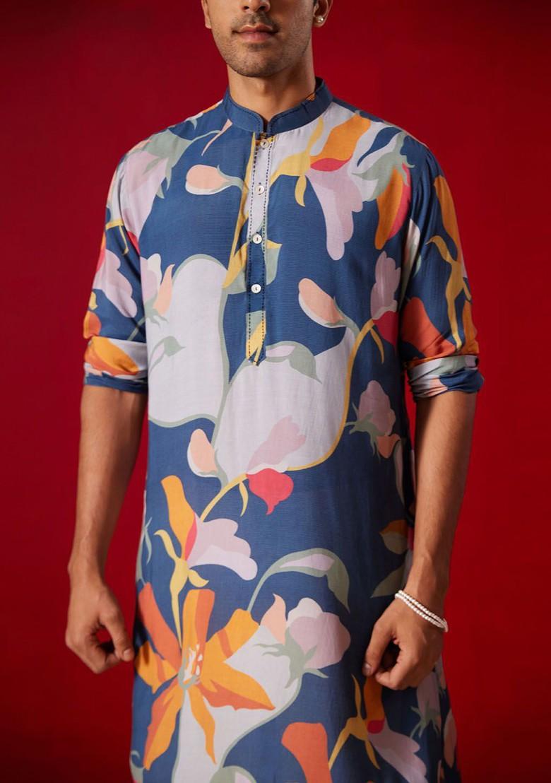 Navy Blue Floral Print Poly Blend Kurta Set For Men